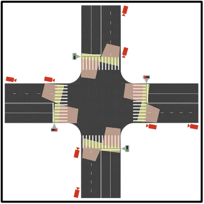 Diagram of a four-way, two-lane-per-direction intersection with 8 LPR cameras positioned at each approach to monitor entry and exit line crossings