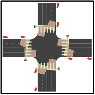 Diagram of a four-way, two-lane-per-direction intersection with 8 LPR cameras placed at each approach to cover entry and exit line crossings
