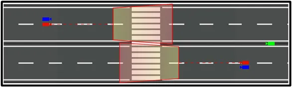 Diagram of a two-way road with a crosswalk, showing the red LPR camera coverage zone spanning the crosswalk and approach lanes in both directions