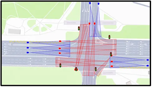 Diagram of a four-way intersection showing LPR camera placement and fields of view for forbidden maneuver detection, with red cones marking entry cameras and blue cones marking exit cameras