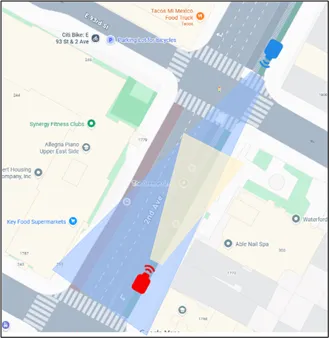 Map view showing a camera icon at a street corner with a shaded triangular field-of-view zone extending along the roadway to illustrate placement