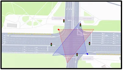 OV camera wide shot of a paved intersection with lane markings and parked cars in the distance, with a timestamp overlay