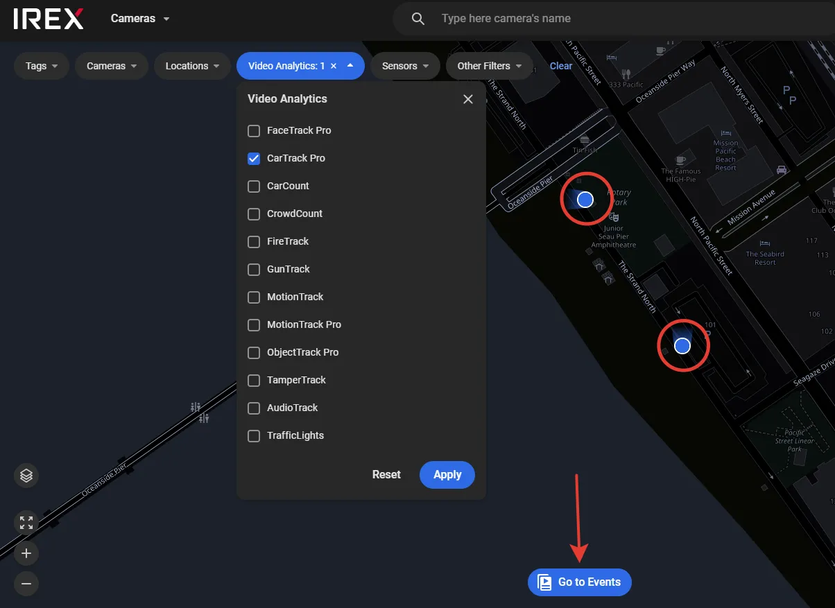 Cameras map showing The Strand North with the CarTrack Pro video analytics filter applied and two camera locations circled