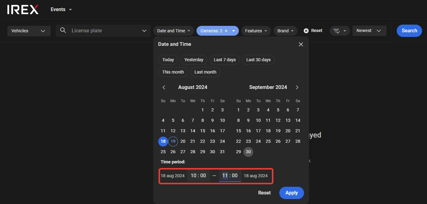 Date and Time filter panel with the time range set to 10:00 AM to 11:00 AM on August 18, 2024