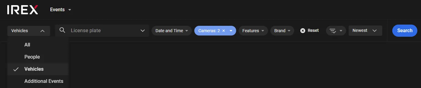 Events screen dropdown menu with Vehicles selected from the event type list