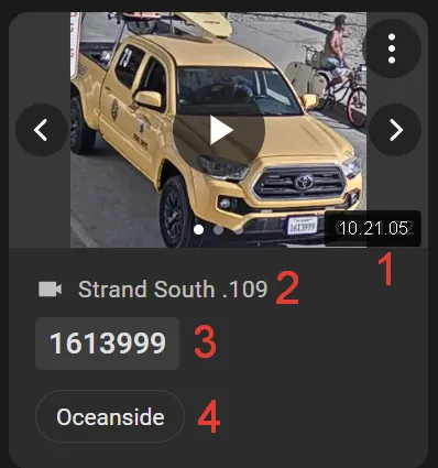 Event card for a yellow Toyota with callouts numbering the timestamp, camera name, plate number, and location tag