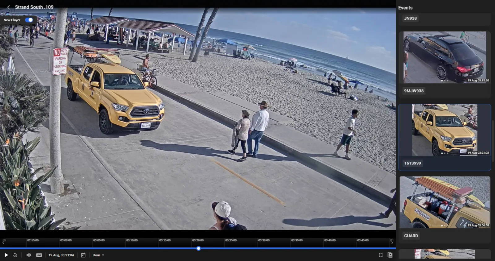 Video player showing the Strand South camera feed with the yellow Toyota parked and a list of related events on the right