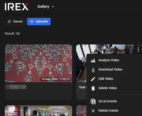 Gallery Uploads menu open on a video showing the Analyze Video and Go to Events options