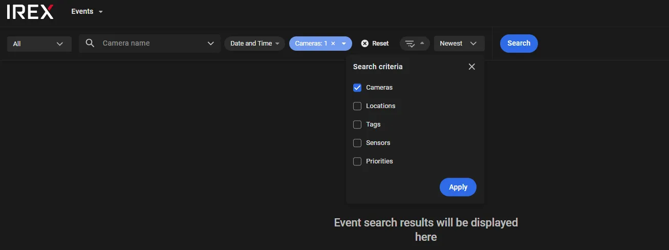 Events screen with the search criteria panel open, listing cameras, locations, tags, sensors, and priorities
