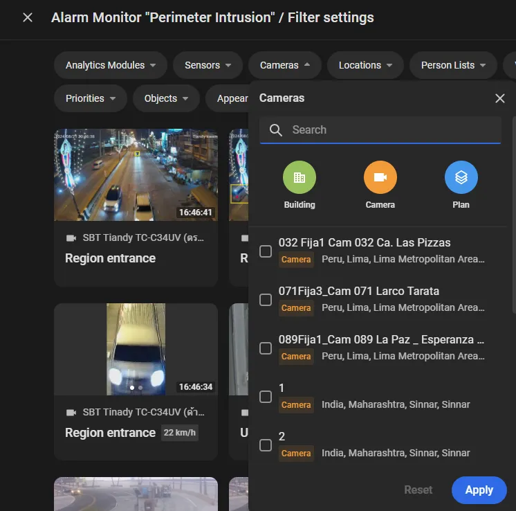 Cameras filter panel listing available cameras with checkboxes for selection