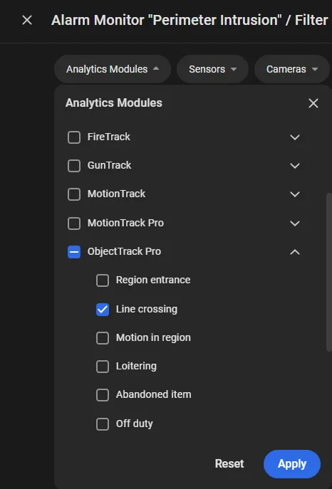 Analytics Modules filter panel with ObjectTrack Pro expanded and Line crossing selected
