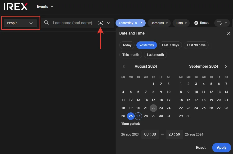 Events screen with the People filter selected, the Yesterday date range applied, and an arrow pointing to the search-by-photo icon
