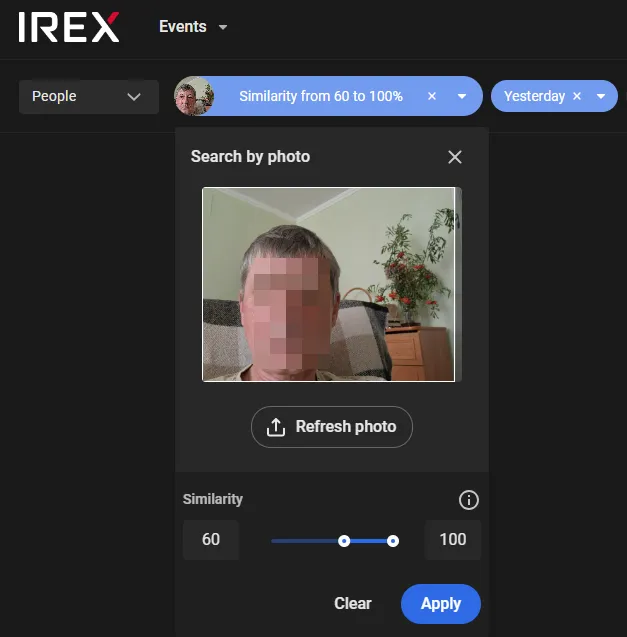 Search by photo panel showing an uploaded photo and the similarity range set from 60 to 100 percent