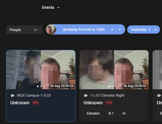 Search results showing matched personal cards with similarity scores and camera names