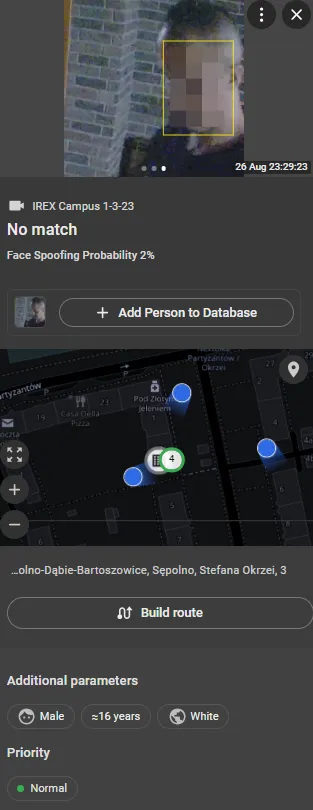 Event detail panel showing a No match result, an Add Person to Database option, and a map with the Build route control