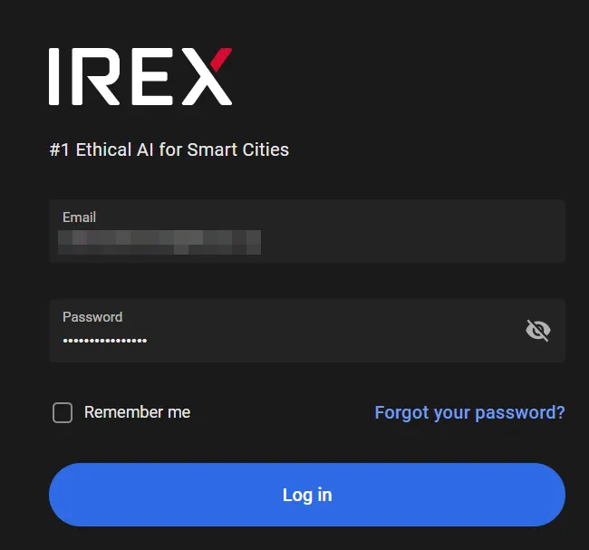 IREX sign-in screen with email and password fields and the Log in button