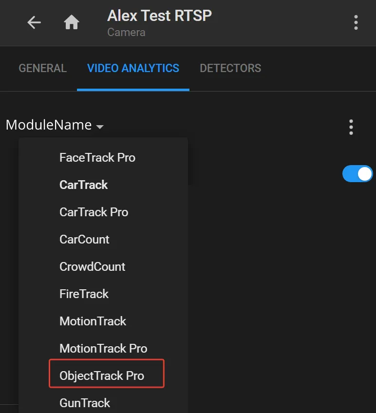 Video Analytics tab with the module list open and ObjectTrack Pro highlighted