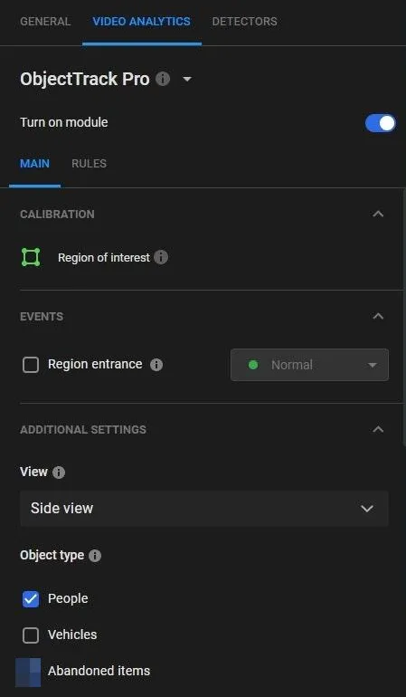 ObjectTrack Pro settings panel showing the Main tab with region of interest, view, and object type options