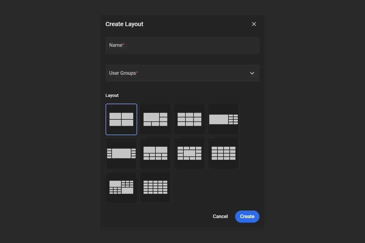 Create Layout dialog with Name, User Groups, and layout template grid