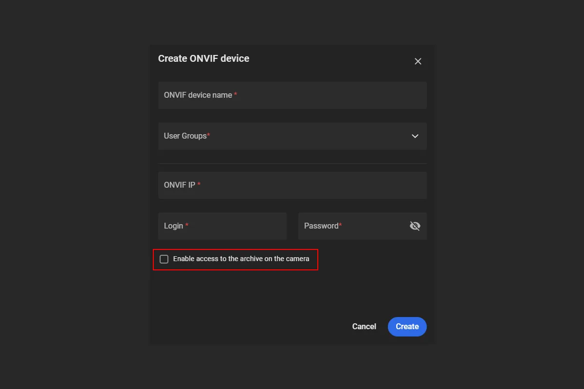 Create ONVIF device form with Enable access to the archive on the camera option