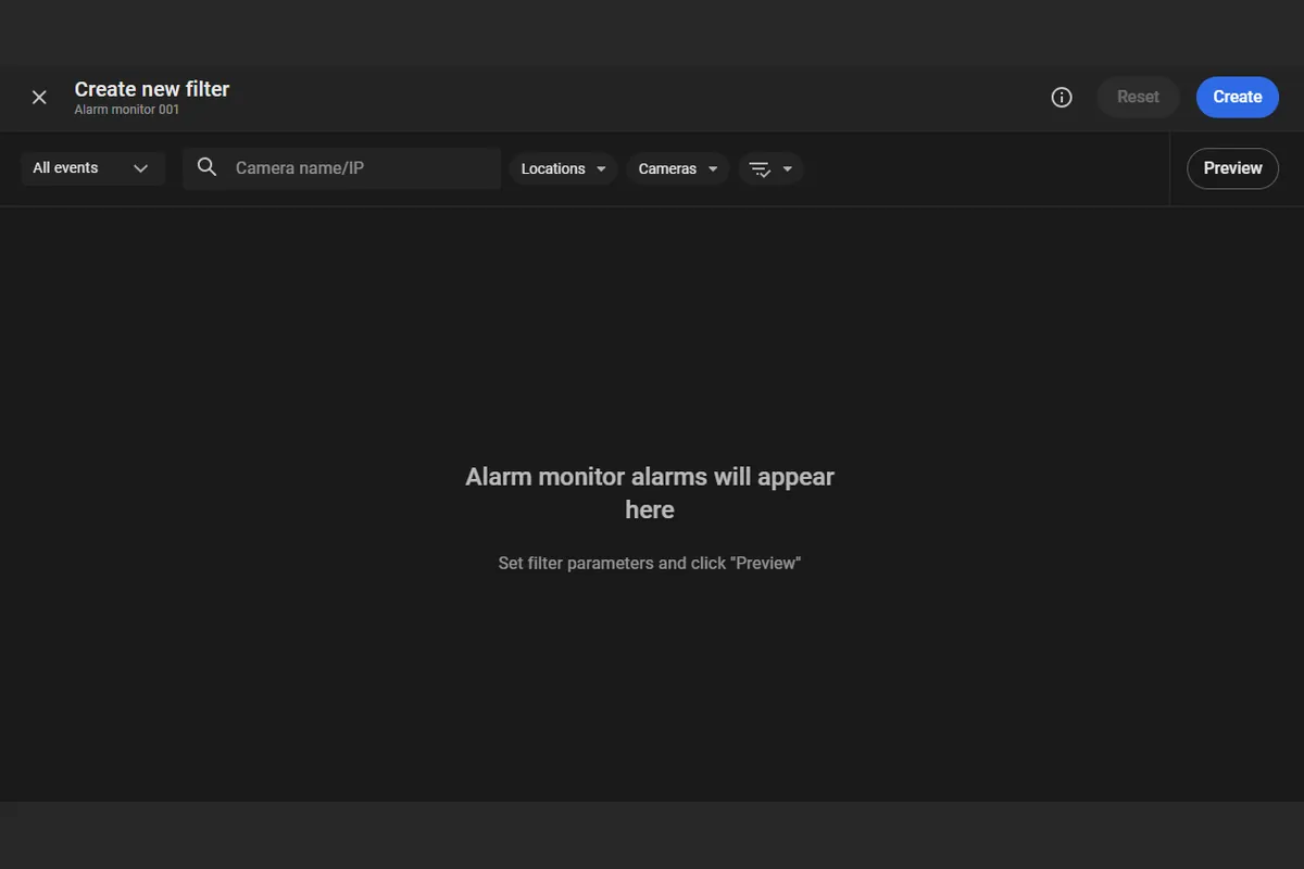 Create new filter window for an Alarm Monitor, with Preview on the filter toolbar
