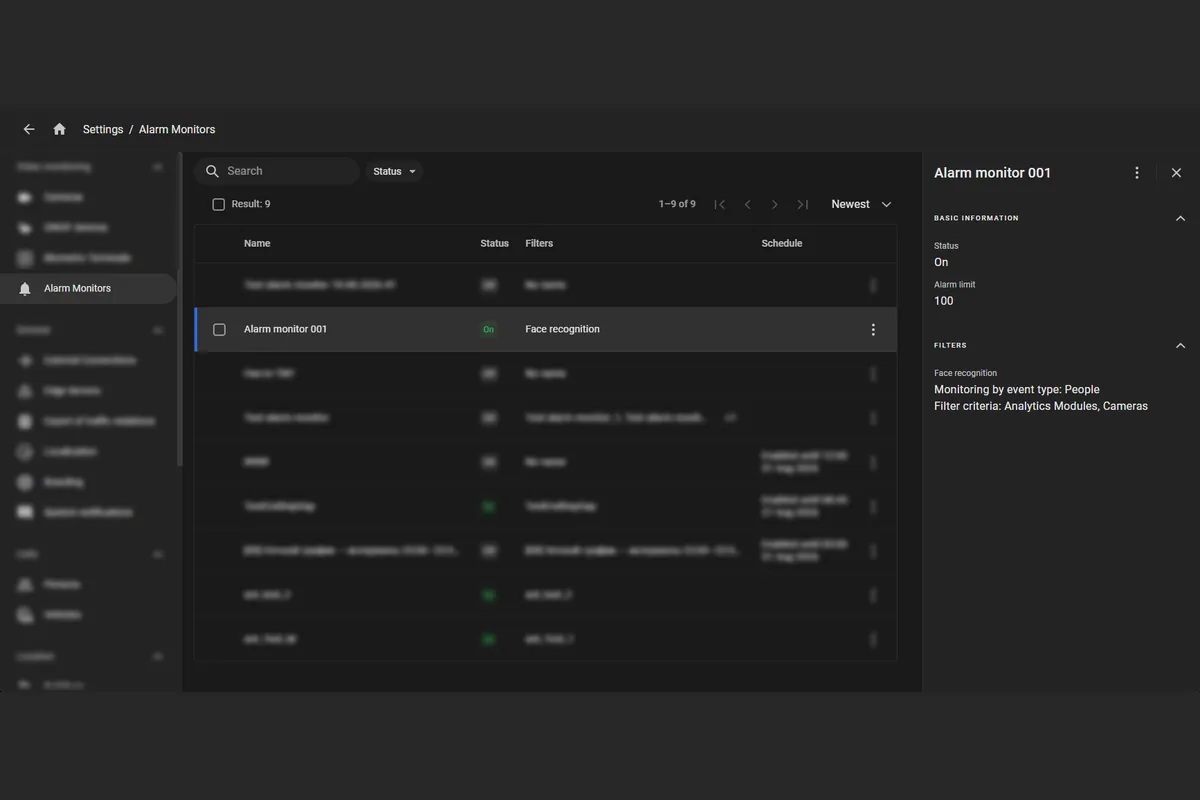 Alarm Monitors list with a side panel showing basic information and filters for the selected monitor