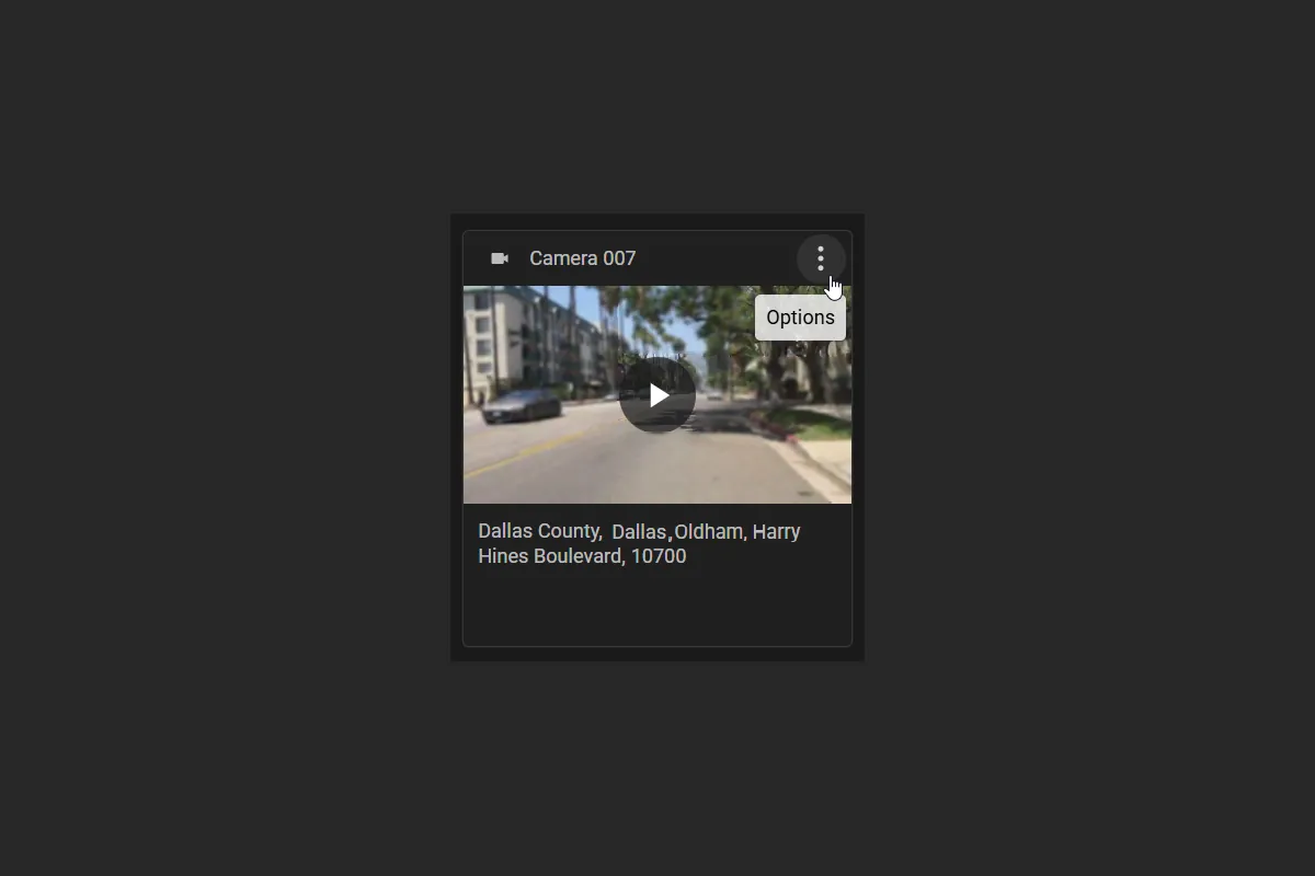 Camera card in Show Cards mode with the camera name and Options menu in the header