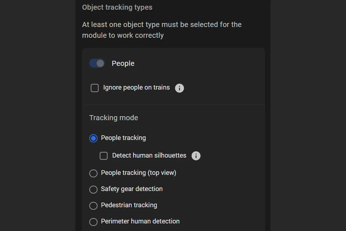 Object tracking types block in ObjectTrack Pro with People on and People tracking selected
