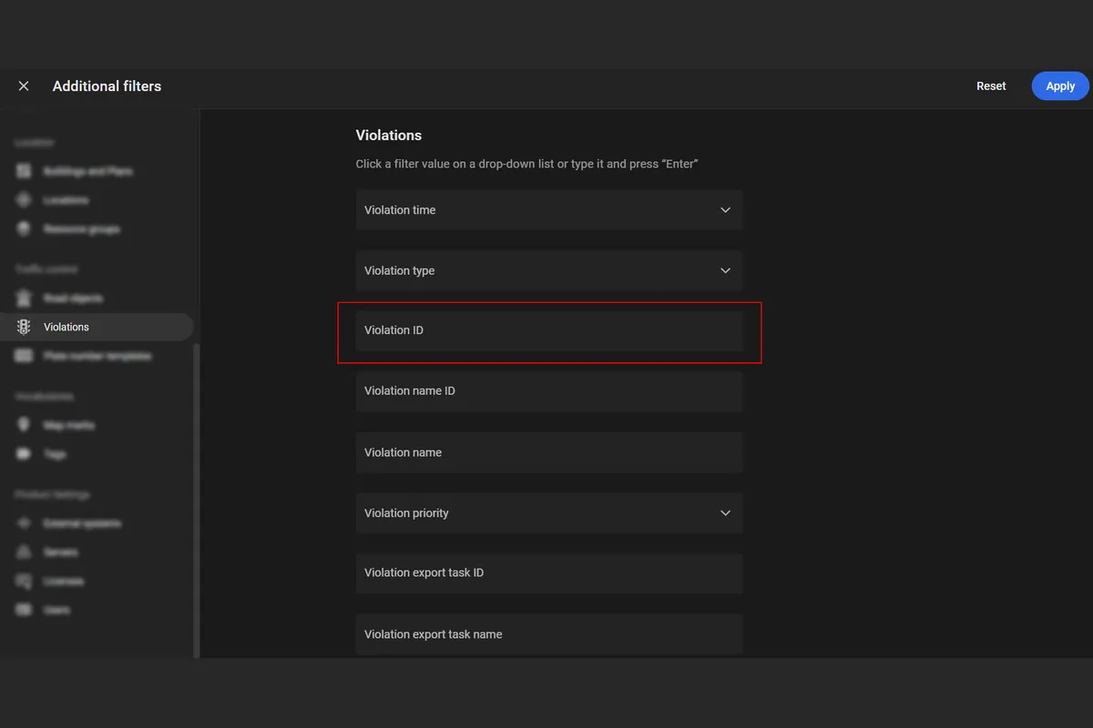Additional filters, Violations tab, with the Violation ID field highlighted