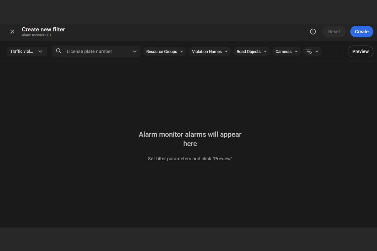 Create new filter window with the Traffic violations category selected, License plate number search, Resource Groups, Violation Names, Road Objects, and Cameras filters, and Preview