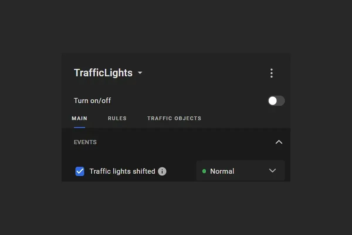 TrafficLights Main tab with Traffic lights shifted turned on at Normal priority