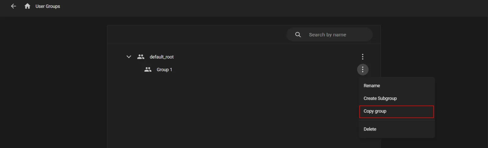 User Groups page with the options menu open and Copy group highlighted