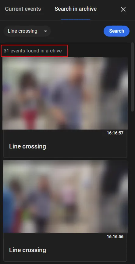 Search in archive tab in Line crossing mode, with 31 events found in archive above the results