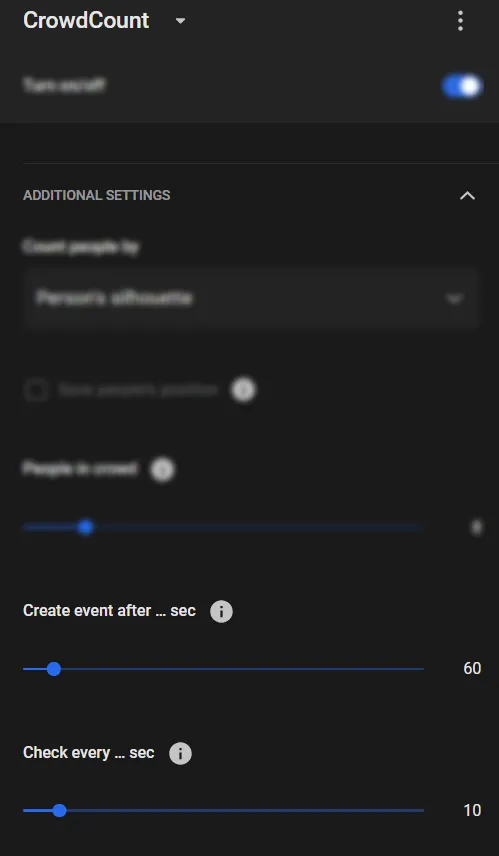 CrowdCount Additional Settings with Create event after … sec set to 60 and Check every … sec set to 10