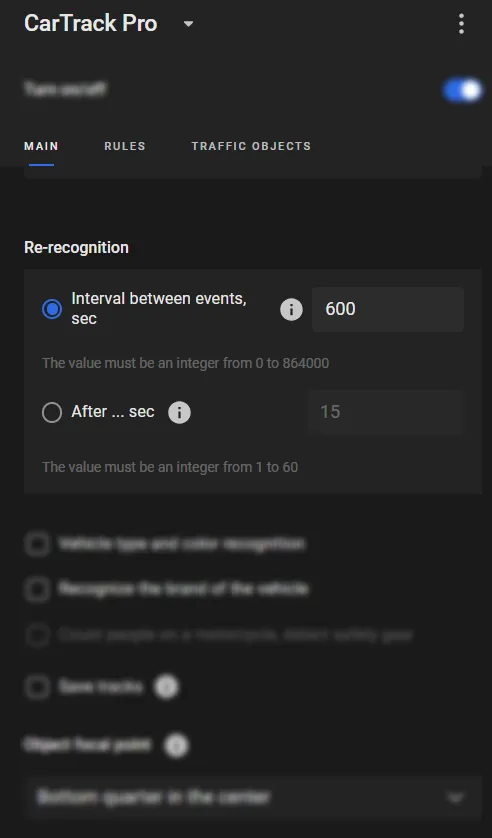 CarTrack Pro Main tab with Re-recognition set to Interval between events, sec