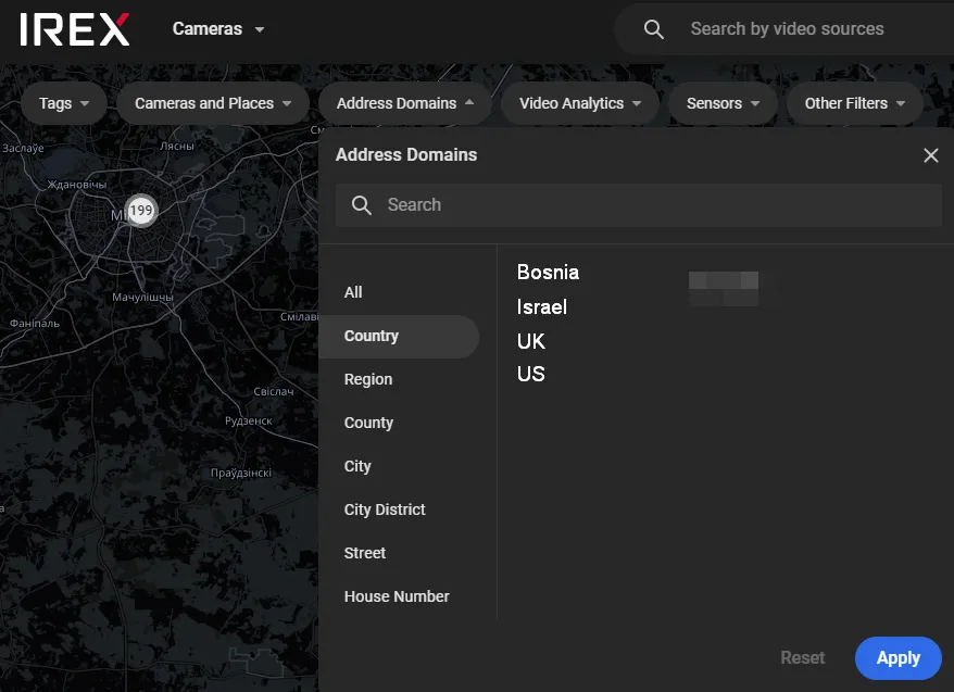 Address Domains filter panel showing location hierarchy levels from Country to House Number