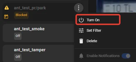 Blocked monitor's three-dot menu open with the Turn On command highlighted