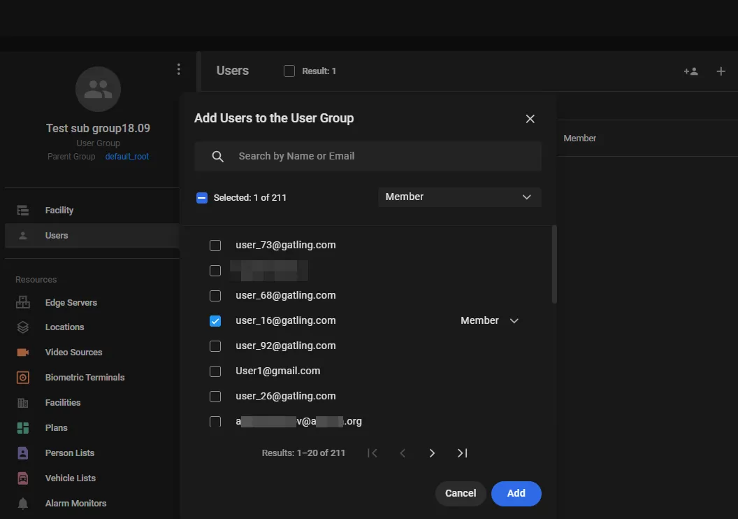 Add Users to the User Group form listing existing system users with a role selector for each, and a search field