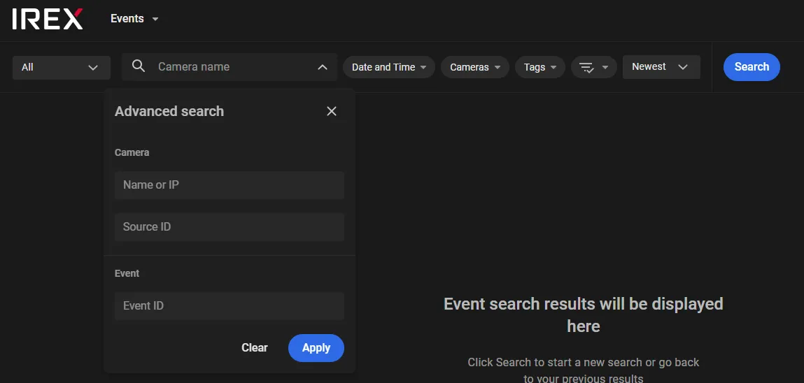 Advanced search panel with Name or IP and Source ID fields under Camera, and an Event ID field