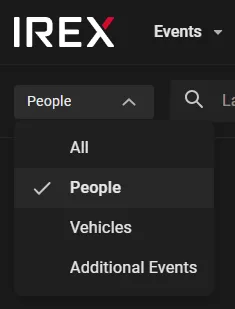 Events screen dropdown with People selected among All, People, Vehicles, and Additional Events