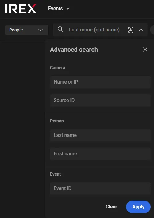 Advanced search panel with Camera, Person, and Event ID fields for the People search