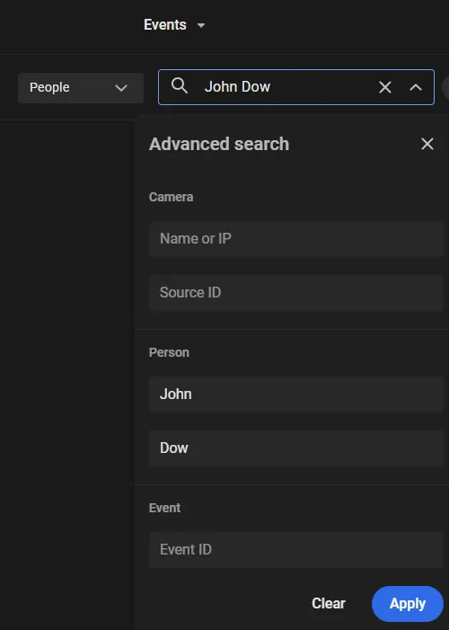 Advanced search panel with first name John and last name Dow entered in the Person fields