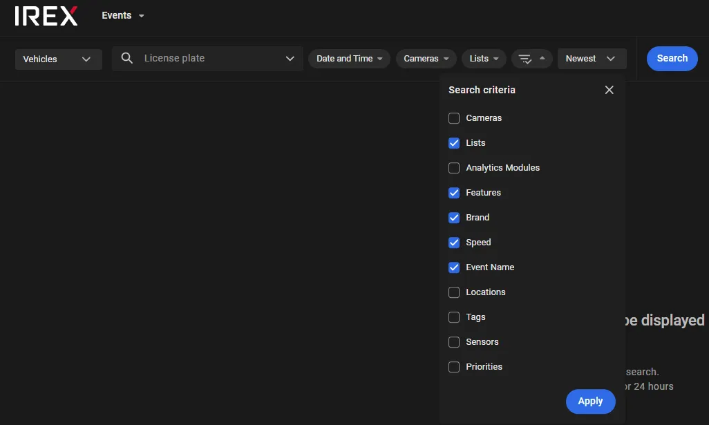 Search criteria panel with Lists, Features, Brand, Speed, and Event Name filters selected