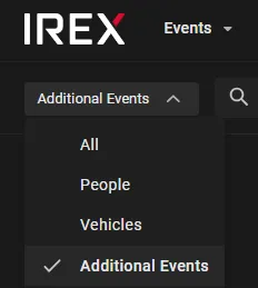 Events screen drop-down list with All, People, Vehicles, and Additional Events options, Additional Events selected