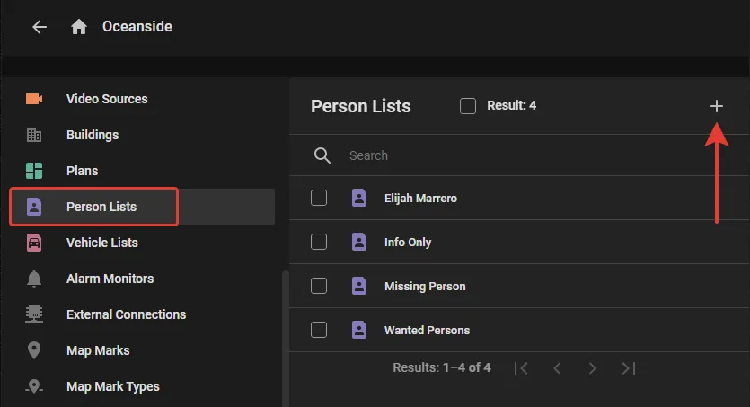 User group screen with the Person Lists section selected, showing four lists (Elijah Marrero, Info Only, Missing Person, Wanted Persons) and the plus button highlighted