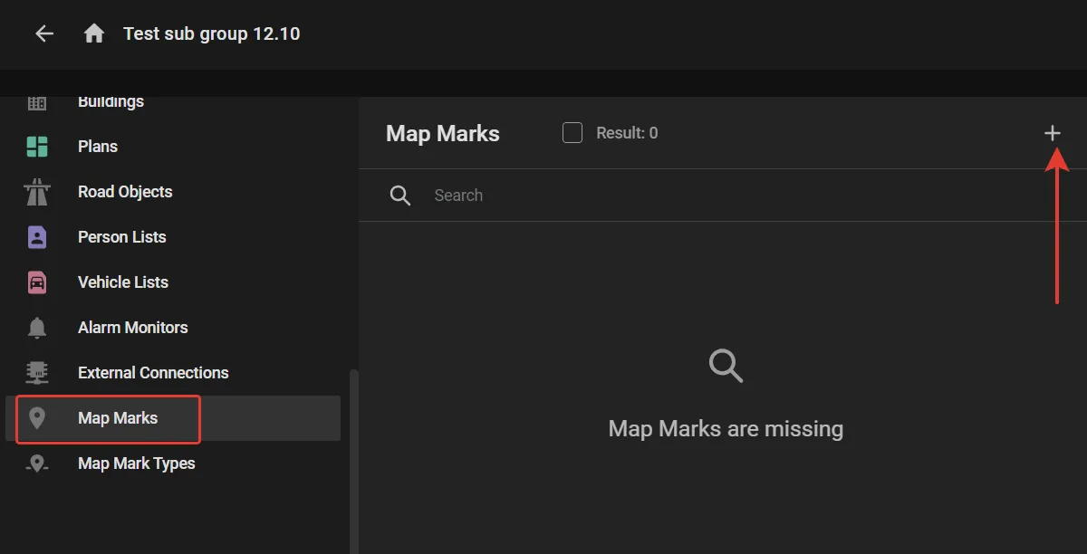 User group Map Marks section, empty, with the plus button in the top-right corner to add map marks