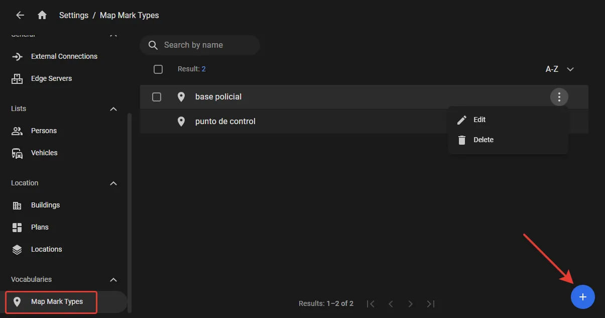 Settings — Map Mark Types list with two entries and the plus button in the bottom-right corner highlighted