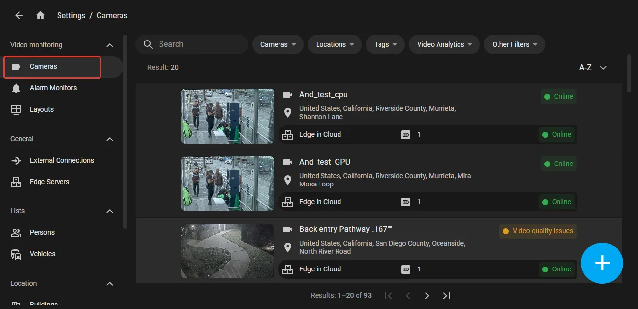 Settings — Cameras page with the Cameras section highlighted and the Create camera plus button in the bottom-right corner