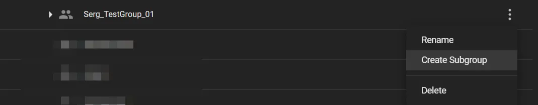 User group options menu with Rename, Create Subgroup, and Delete commands