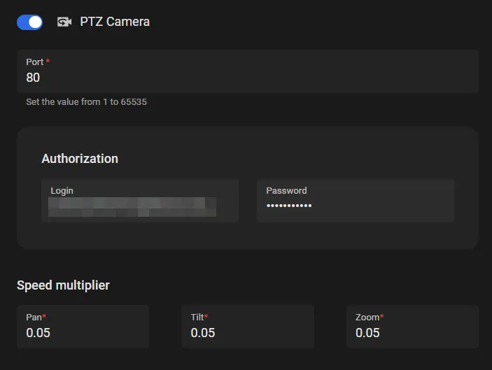 PTZ Camera settings with Port, Authorization login and password fields, and Pan, Tilt, Zoom speed multiplier values